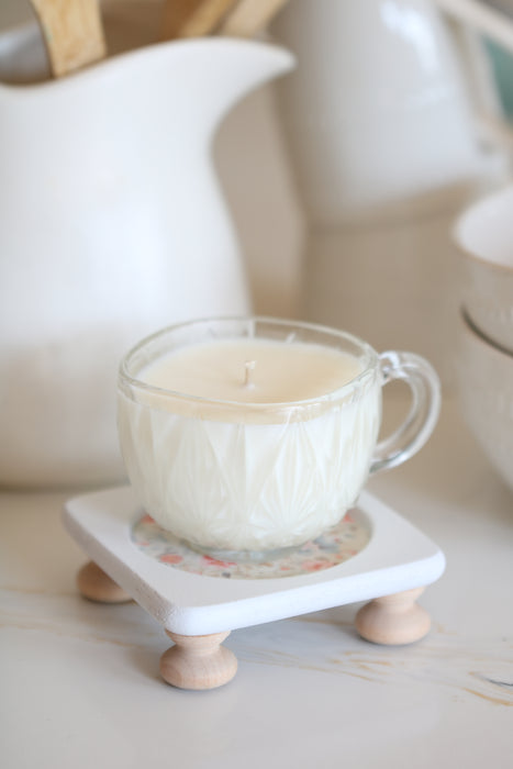 Recycled Teacup Eucalyptus Lavender Candle with Wooden Riser