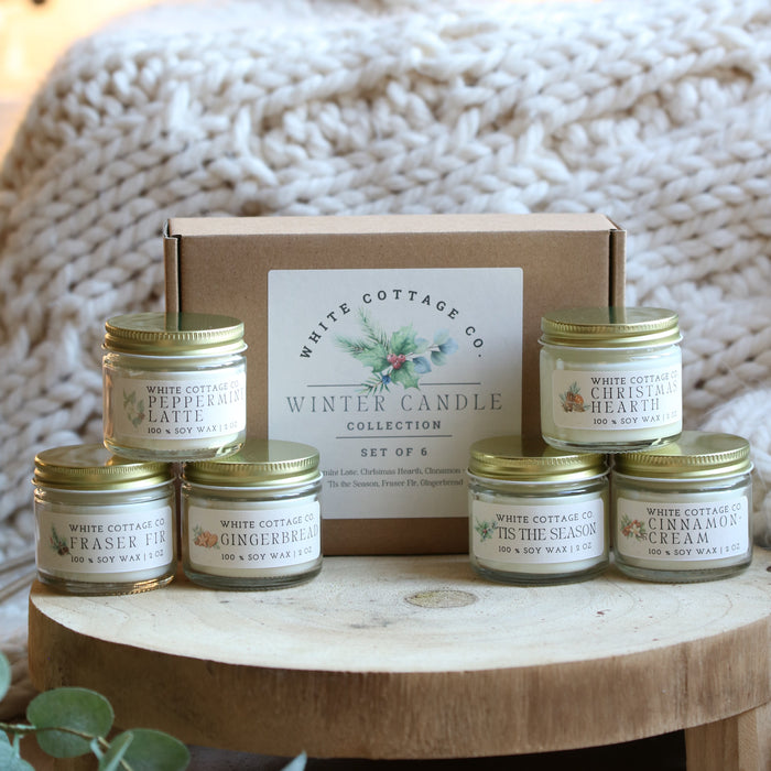 Set of 6 Hand-Poured 2 oz Candles | Christmas & Winter Mini Soy Candle Gift Set | Boxed Holiday Gift