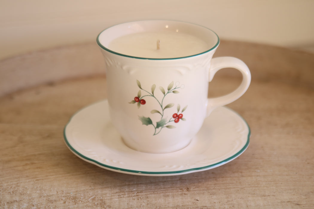 Recycled Winter Teacup Candle - Christmas Hearth