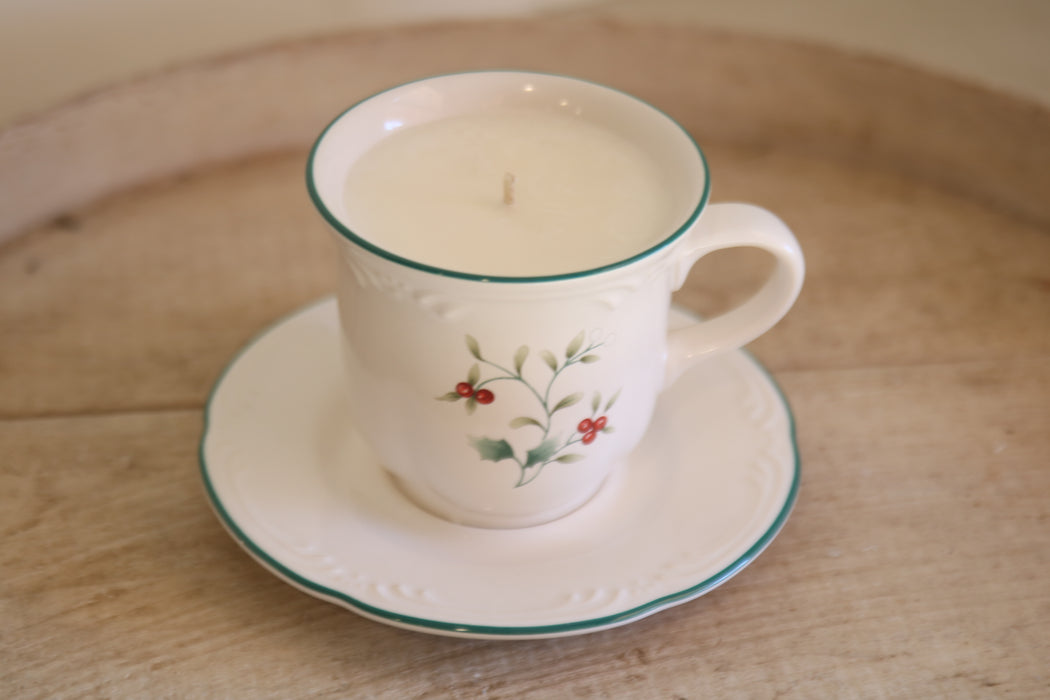 Recycled Winter Teacup Candle - Christmas Hearth