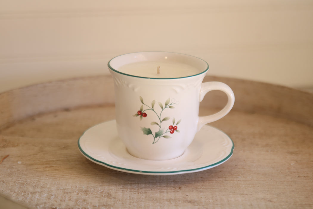 Recycled Winter Teacup Candle - Christmas Hearth