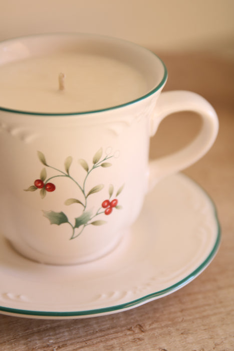 Recycled Winter Teacup Candle - Christmas Hearth